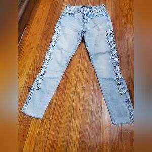 Caos Vintage Denim Sky Light Blue Lace-Up,high Rise  Women's Skinny Jeans Sz 26